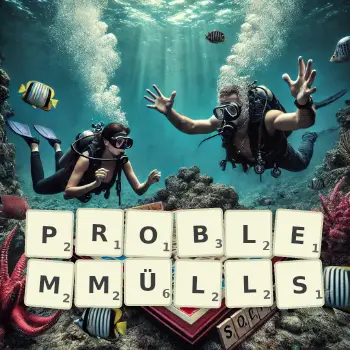 Kreative Illustration für ein Scrabble-Spiel, bei dem das Wort PROBLEMMÜLLS mit Steinen auf dem Brett gelegt wurde.
