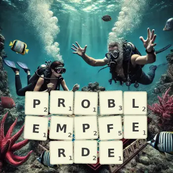 Kreative Illustration für ein Scrabble-Spiel, bei dem das Wort PROBLEMPFERDE mit Steinen auf dem Brett gelegt wurde.