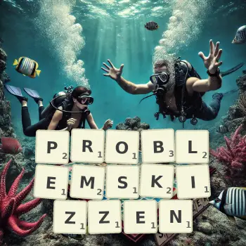 Kreative Illustration für ein Scrabble-Spiel, bei dem das Wort PROBLEMSKIZZEN mit Steinen auf dem Brett gelegt wurde.