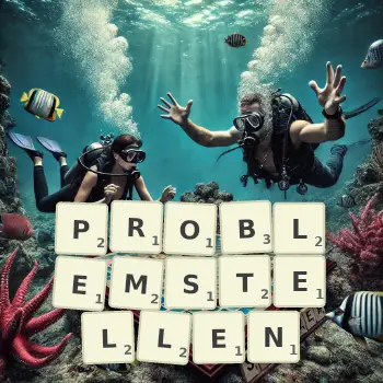 Kreative Illustration für ein Scrabble-Spiel, bei dem das Wort PROBLEMSTELLEN mit Steinen auf dem Brett gelegt wurde.