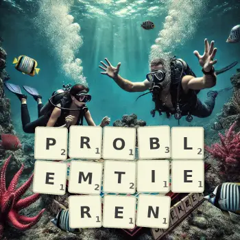 Kreative Illustration für ein Scrabble-Spiel, bei dem das Wort PROBLEMTIEREN mit Steinen auf dem Brett gelegt wurde.