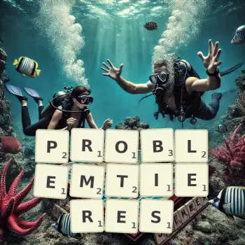 Kreative Illustration für ein Scrabble-Spiel, bei dem das Wort PROBLEMTIERES mit Steinen auf dem Brett gelegt wurde.