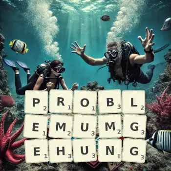 Kreative Illustration für ein Scrabble-Spiel, bei dem das Wort PROBLEMUMGEHUNG mit Steinen auf dem Brett gelegt wurde.