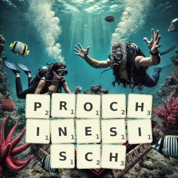 Kreative Illustration für ein Scrabble-Spiel, bei dem das Wort PROCHINESISCH mit Steinen auf dem Brett gelegt wurde.