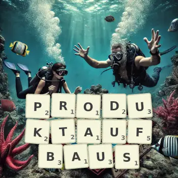 Kreative Illustration für ein Scrabble-Spiel, bei dem das Wort PRODUKTAUFBAUS mit Steinen auf dem Brett gelegt wurde.
