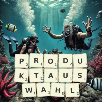 Kreative Illustration für ein Scrabble-Spiel, bei dem das Wort PRODUKTAUSWAHL mit Steinen auf dem Brett gelegt wurde.