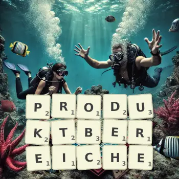 Kreative Illustration für ein Scrabble-Spiel, bei dem das Wort PRODUKTBEREICHE mit Steinen auf dem Brett gelegt wurde.