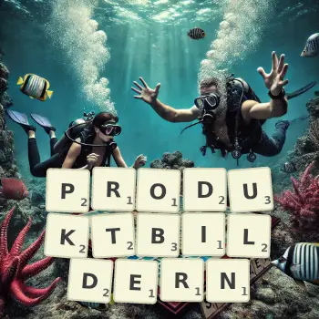 Kreative Illustration für ein Scrabble-Spiel, bei dem das Wort PRODUKTBILDERN mit Steinen auf dem Brett gelegt wurde.