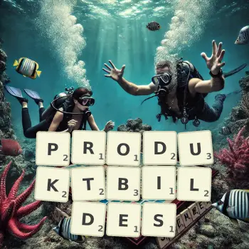 Kreative Illustration für ein Scrabble-Spiel, bei dem das Wort PRODUKTBILDES mit Steinen auf dem Brett gelegt wurde.