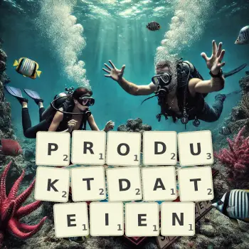 Kreative Illustration für ein Scrabble-Spiel, bei dem das Wort PRODUKTDATEIEN mit Steinen auf dem Brett gelegt wurde.