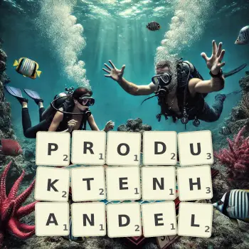 Kreative Illustration für ein Scrabble-Spiel, bei dem das Wort PRODUKTENHANDEL mit Steinen auf dem Brett gelegt wurde.