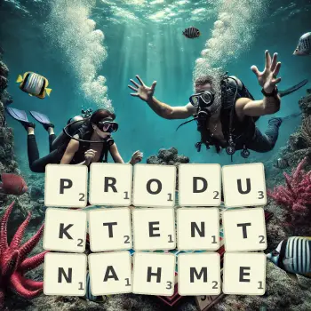 Kreative Illustration für ein Scrabble-Spiel, bei dem das Wort PRODUKTENTNAHME mit Steinen auf dem Brett gelegt wurde.