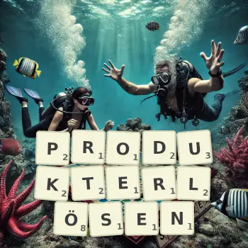 Kreative Illustration für ein Scrabble-Spiel, bei dem das Wort PRODUKTERLÖSEN mit Steinen auf dem Brett gelegt wurde.