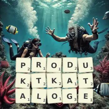 Kreative Illustration für ein Scrabble-Spiel, bei dem das Wort PRODUKTKATALOGE mit Steinen auf dem Brett gelegt wurde.