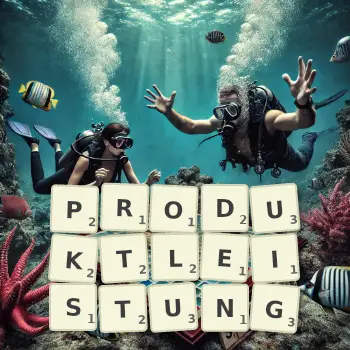 Kreative Illustration für ein Scrabble-Spiel, bei dem das Wort PRODUKTLEISTUNG mit Steinen auf dem Brett gelegt wurde.