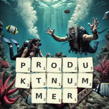 Kreative Illustration für ein Scrabble-Spiel, bei dem das Wort PRODUKTNUMMER mit Steinen auf dem Brett gelegt wurde.