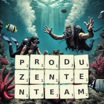 Kreative Illustration für ein Scrabble-Spiel, bei dem das Wort PRODUZENTENTEAM mit Steinen auf dem Brett gelegt wurde.