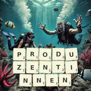 Kreative Illustration für ein Scrabble-Spiel, bei dem das Wort PRODUZENTINNEN mit Steinen auf dem Brett gelegt wurde.