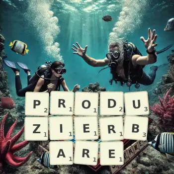 Kreative Illustration für ein Scrabble-Spiel, bei dem das Wort PRODUZIERBARE mit Steinen auf dem Brett gelegt wurde.