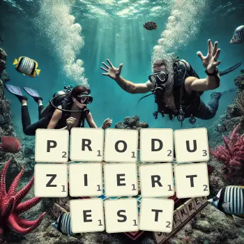 Kreative Illustration für ein Scrabble-Spiel, bei dem das Wort PRODUZIERTEST mit Steinen auf dem Brett gelegt wurde.