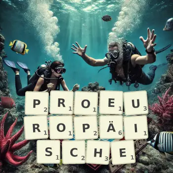 Kreative Illustration für ein Scrabble-Spiel, bei dem das Wort PROEUROPÄISCHE mit Steinen auf dem Brett gelegt wurde.