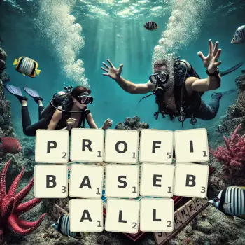 Kreative Illustration für ein Scrabble-Spiel, bei dem das Wort PROFIBASEBALL mit Steinen auf dem Brett gelegt wurde.