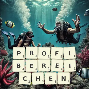 Kreative Illustration für ein Scrabble-Spiel, bei dem das Wort PROFIBEREICHEN mit Steinen auf dem Brett gelegt wurde.