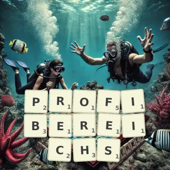 Kreative Illustration für ein Scrabble-Spiel, bei dem das Wort PROFIBEREICHS mit Steinen auf dem Brett gelegt wurde.