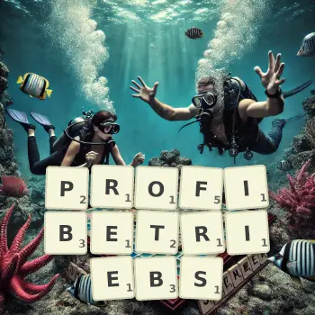 Kreative Illustration für ein Scrabble-Spiel, bei dem das Wort PROFIBETRIEBS mit Steinen auf dem Brett gelegt wurde.