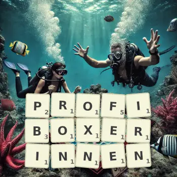 Kreative Illustration für ein Scrabble-Spiel, bei dem das Wort PROFIBOXERINNEN mit Steinen auf dem Brett gelegt wurde.