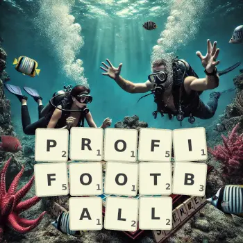 Kreative Illustration für ein Scrabble-Spiel, bei dem das Wort PROFIFOOTBALL mit Steinen auf dem Brett gelegt wurde.