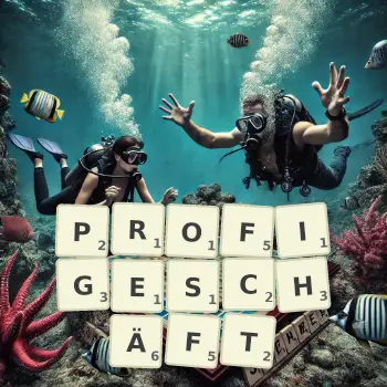 Kreative Illustration für ein Scrabble-Spiel, bei dem das Wort PROFIGESCHÄFT mit Steinen auf dem Brett gelegt wurde.