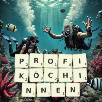 Kreative Illustration für ein Scrabble-Spiel, bei dem das Wort PROFIKÖCHINNEN mit Steinen auf dem Brett gelegt wurde.
