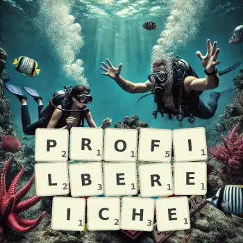 Kreative Illustration für ein Scrabble-Spiel, bei dem das Wort PROFILBEREICHE mit Steinen auf dem Brett gelegt wurde.