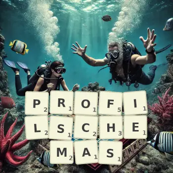 Kreative Illustration für ein Scrabble-Spiel, bei dem das Wort PROFILSCHEMAS mit Steinen auf dem Brett gelegt wurde.
