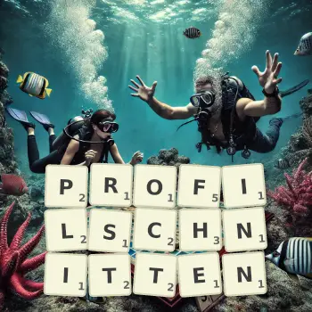 Kreative Illustration für ein Scrabble-Spiel, bei dem das Wort PROFILSCHNITTEN mit Steinen auf dem Brett gelegt wurde.