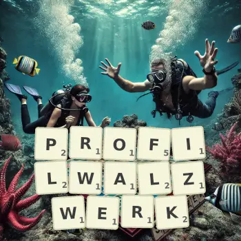 Kreative Illustration für ein Scrabble-Spiel, bei dem das Wort PROFILWALZWERK mit Steinen auf dem Brett gelegt wurde.