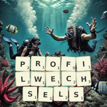 Kreative Illustration für ein Scrabble-Spiel, bei dem das Wort PROFILWECHSELS mit Steinen auf dem Brett gelegt wurde.