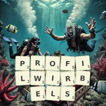 Kreative Illustration für ein Scrabble-Spiel, bei dem das Wort PROFILWIRBELS mit Steinen auf dem Brett gelegt wurde.