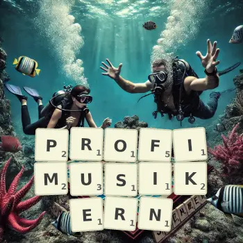Kreative Illustration für ein Scrabble-Spiel, bei dem das Wort PROFIMUSIKERN mit Steinen auf dem Brett gelegt wurde.