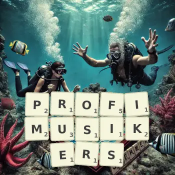 Kreative Illustration für ein Scrabble-Spiel, bei dem das Wort PROFIMUSIKERS mit Steinen auf dem Brett gelegt wurde.