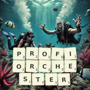 Kreative Illustration für ein Scrabble-Spiel, bei dem das Wort PROFIORCHESTER mit Steinen auf dem Brett gelegt wurde.