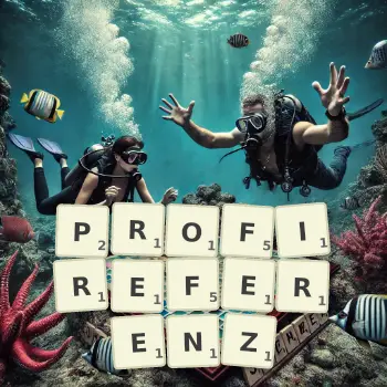 Kreative Illustration für ein Scrabble-Spiel, bei dem das Wort PROFIREFERENZ mit Steinen auf dem Brett gelegt wurde.