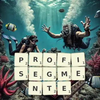 Kreative Illustration für ein Scrabble-Spiel, bei dem das Wort PROFISEGMENTE mit Steinen auf dem Brett gelegt wurde.