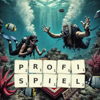 Kreative Illustration für ein Scrabble-Spiel, bei dem das Wort PROFISPIEL mit Steinen auf dem Brett gelegt wurde.