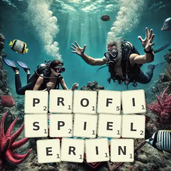 Kreative Illustration für ein Scrabble-Spiel, bei dem das Wort PROFISPIELERIN mit Steinen auf dem Brett gelegt wurde.
