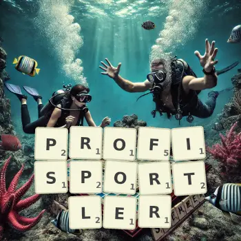 Kreative Illustration für ein Scrabble-Spiel, bei dem das Wort PROFISPORTLER mit Steinen auf dem Brett gelegt wurde.
