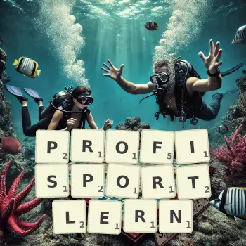 Kreative Illustration für ein Scrabble-Spiel, bei dem das Wort PROFISPORTLERN mit Steinen auf dem Brett gelegt wurde.