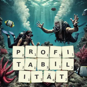 Kreative Illustration für ein Scrabble-Spiel, bei dem das Wort PROFITABILITÄT mit Steinen auf dem Brett gelegt wurde.