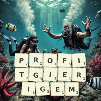 Kreative Illustration für ein Scrabble-Spiel, bei dem das Wort PROFITGIERIGEM mit Steinen auf dem Brett gelegt wurde.